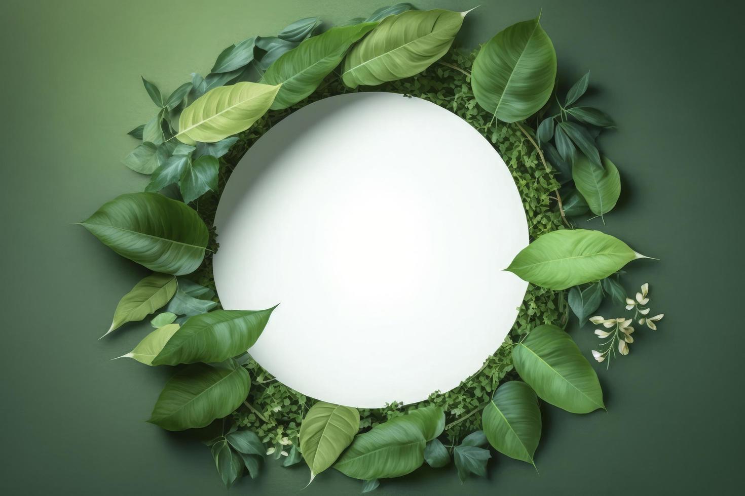 Empty white summer and spring nature background with fresh green leaves and circle frame, generate ai photo