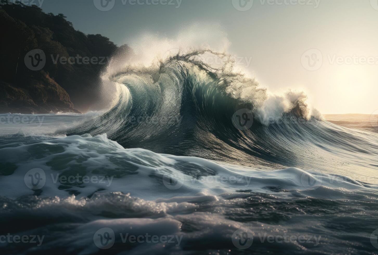 Beautiful deep blue tube wave in the Ocean. Close up sea wave background. Summer holiday concept. photo