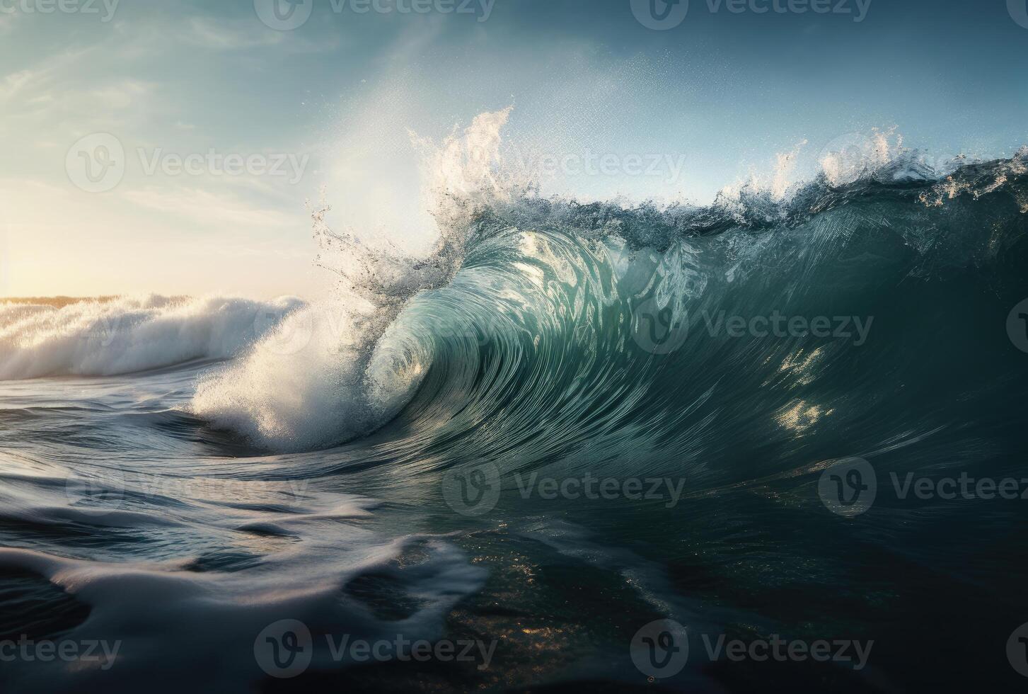 hermosa profundo azul tubo ola en el océano. cerca arriba mar ola antecedentes. verano fiesta concepto. generativo ai foto