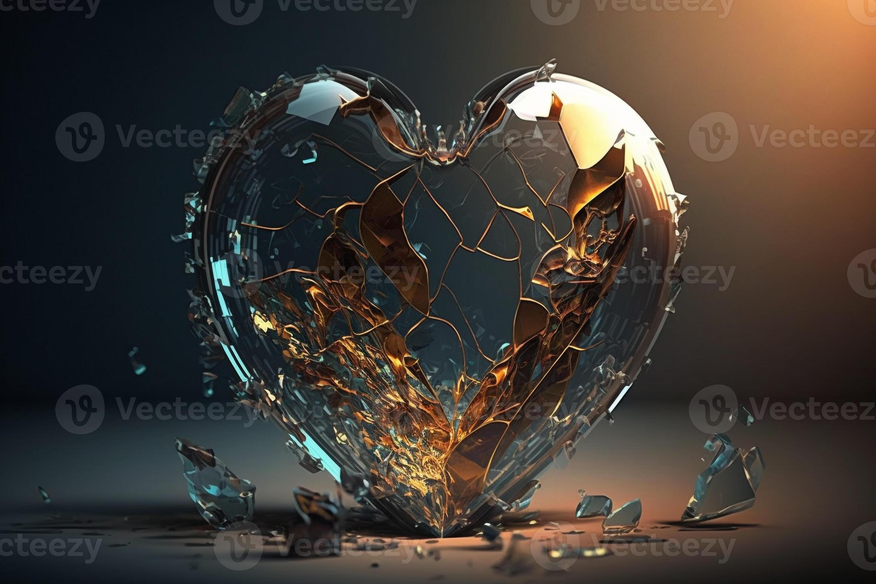 a glass heart, cracked and shattered but still intact, with rays of