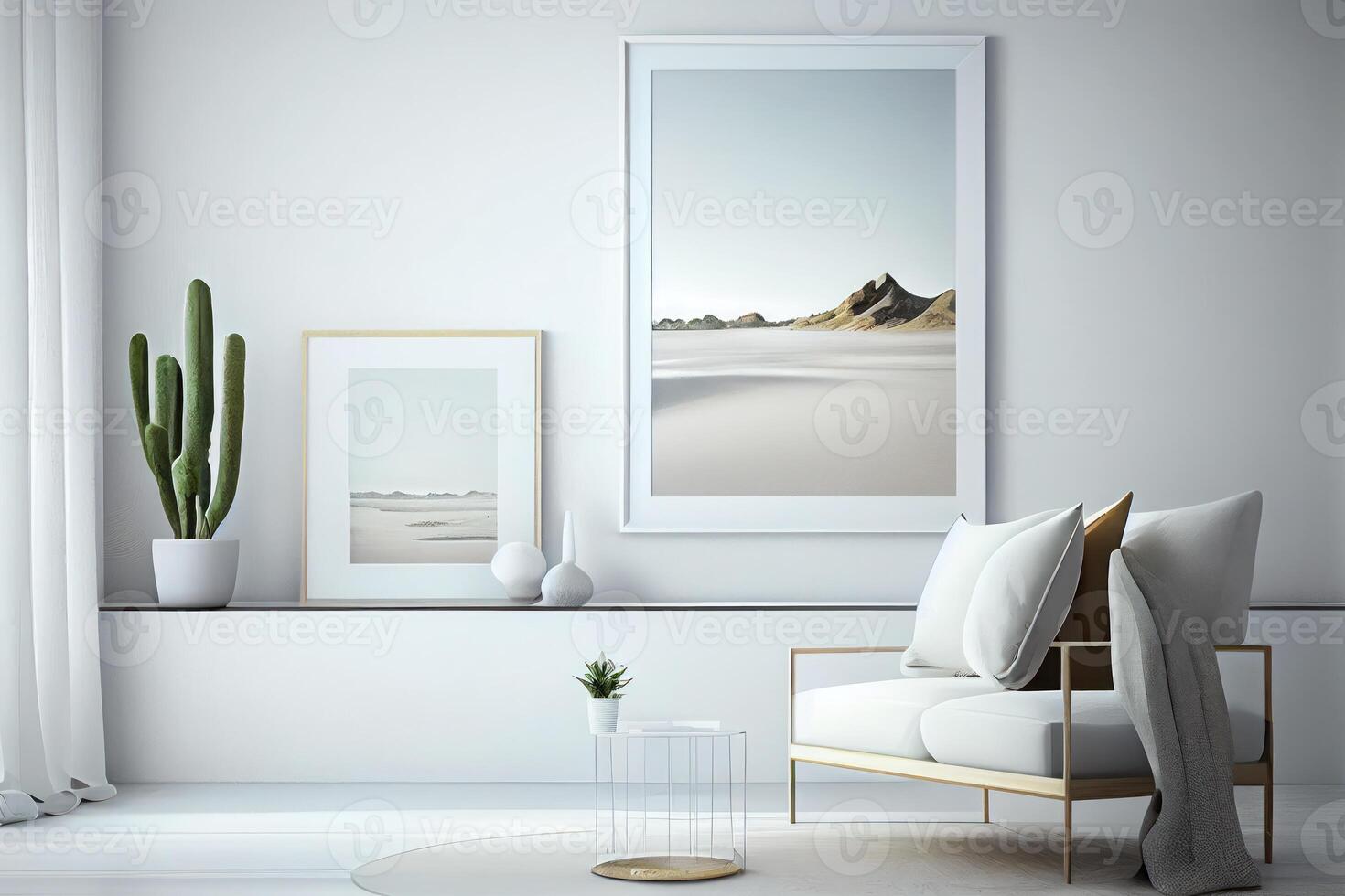 vacío marco en pared Bosquejo en moderno habitación con natural ligero . ai generado foto