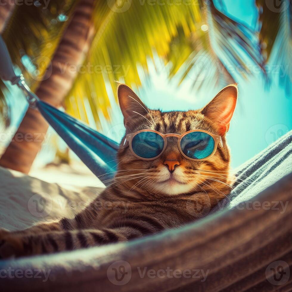 cute cat lying in hammock on beach with palm trees. Cute cat on vacation lying in hammock on beach with palm trees. . photo