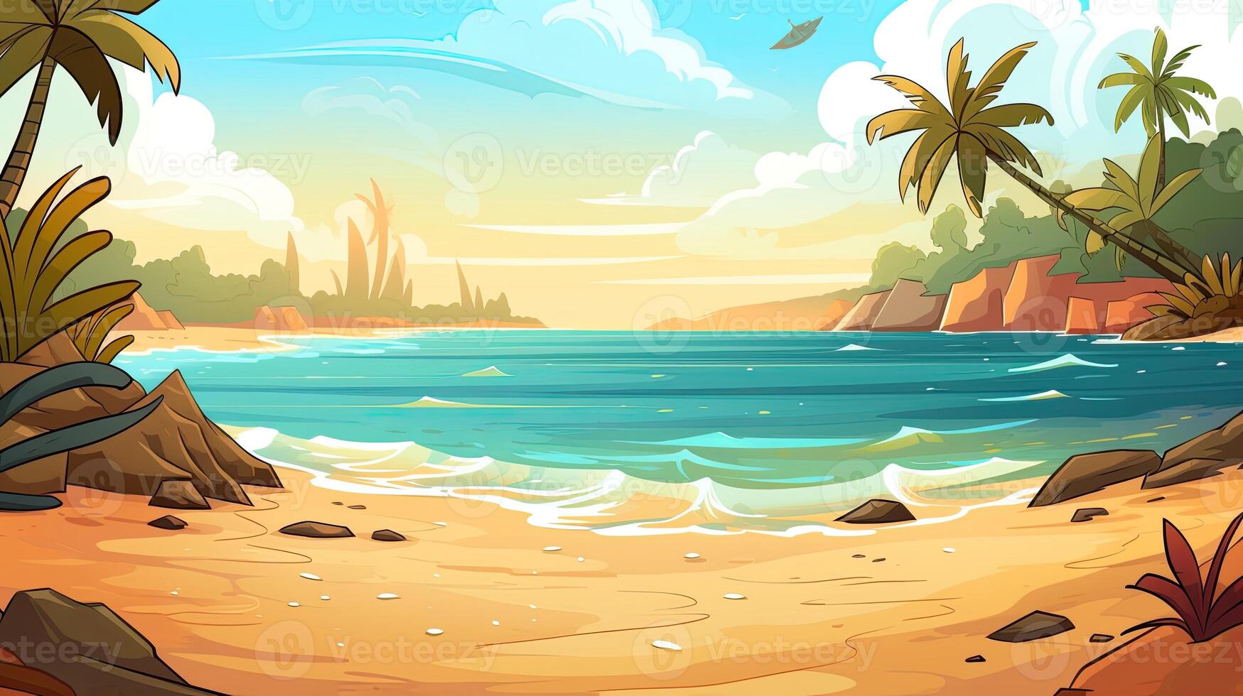 Sky and sun at sea background, ocean and beach vector island scenery empty cartoon. Ocean or sea water with waves and clouds in sky summer blue seascape with cloudy sky and seaside. photo