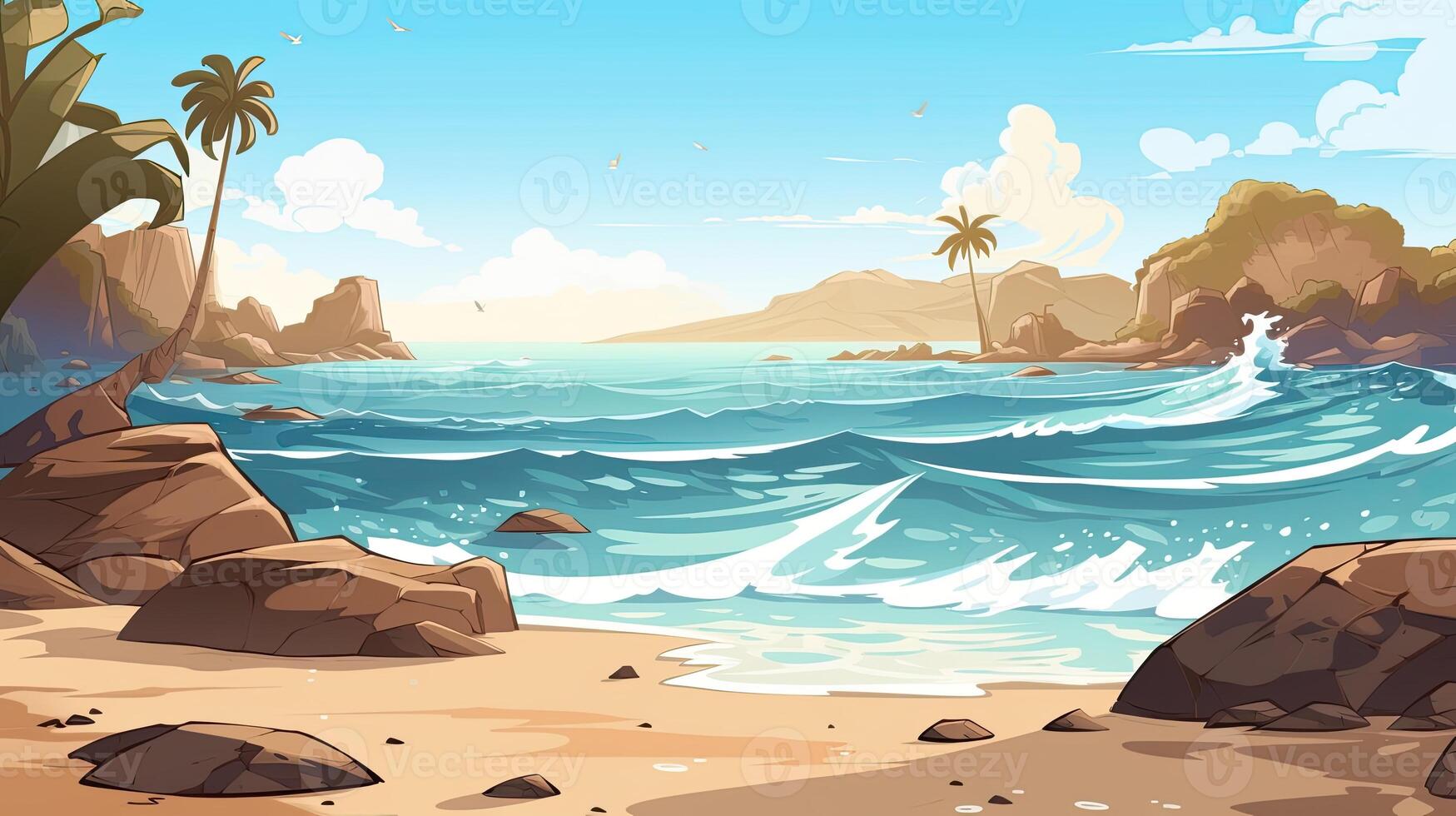 Sky and sun at sea background, ocean and beach vector island scenery empty cartoon. Ocean or sea water with waves and clouds in sky summer blue seascape with cloudy sky and seaside. photo