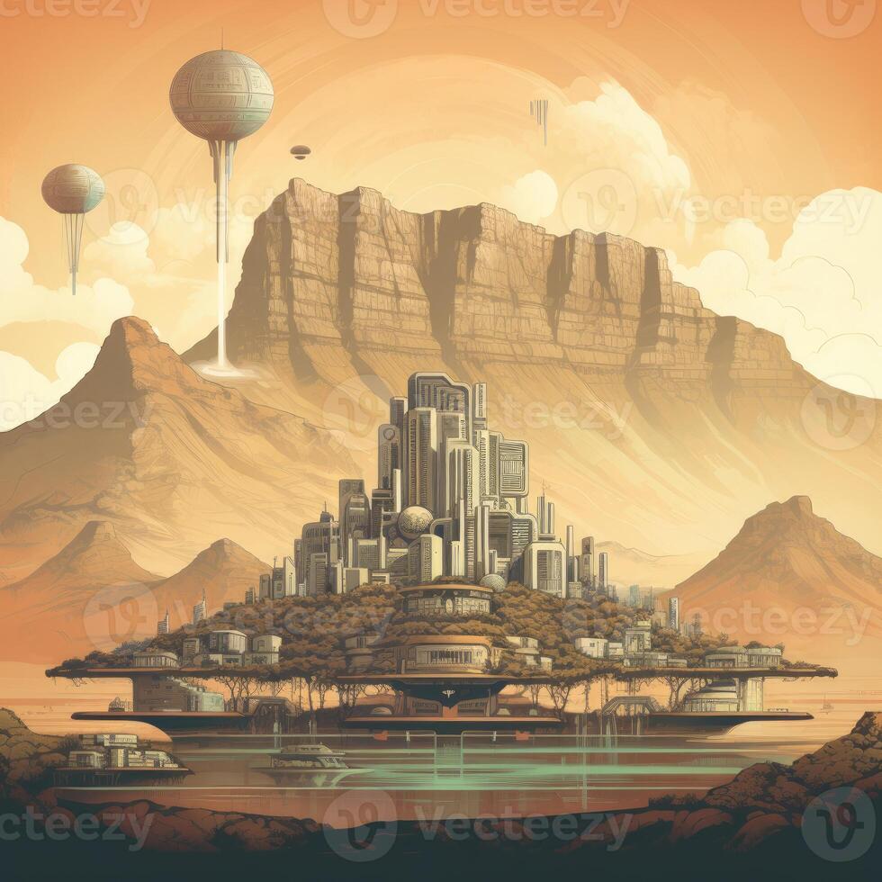Illustration of Exoplanet fantastic landscape. Beautiful views of the mountains and sky with unexplored planets. . photo