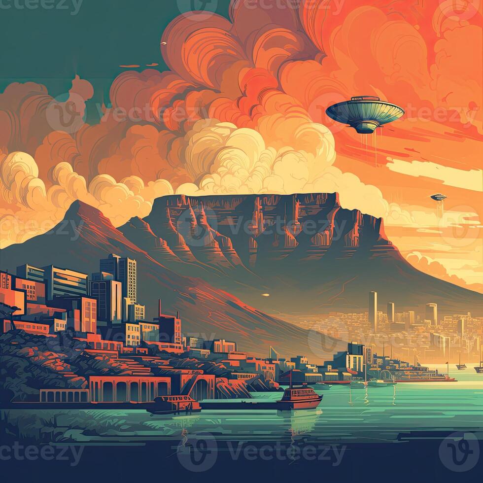 Illustration of Exoplanet fantastic landscape. Beautiful views of the mountains and sky with unexplored planets. . photo