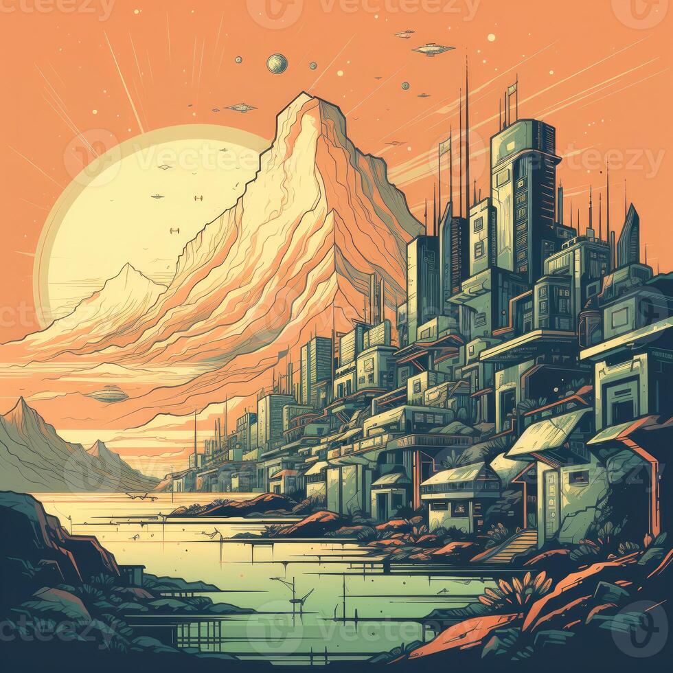 Illustration of Exoplanet fantastic landscape. Beautiful views of the mountains and sky with unexplored planets. . photo