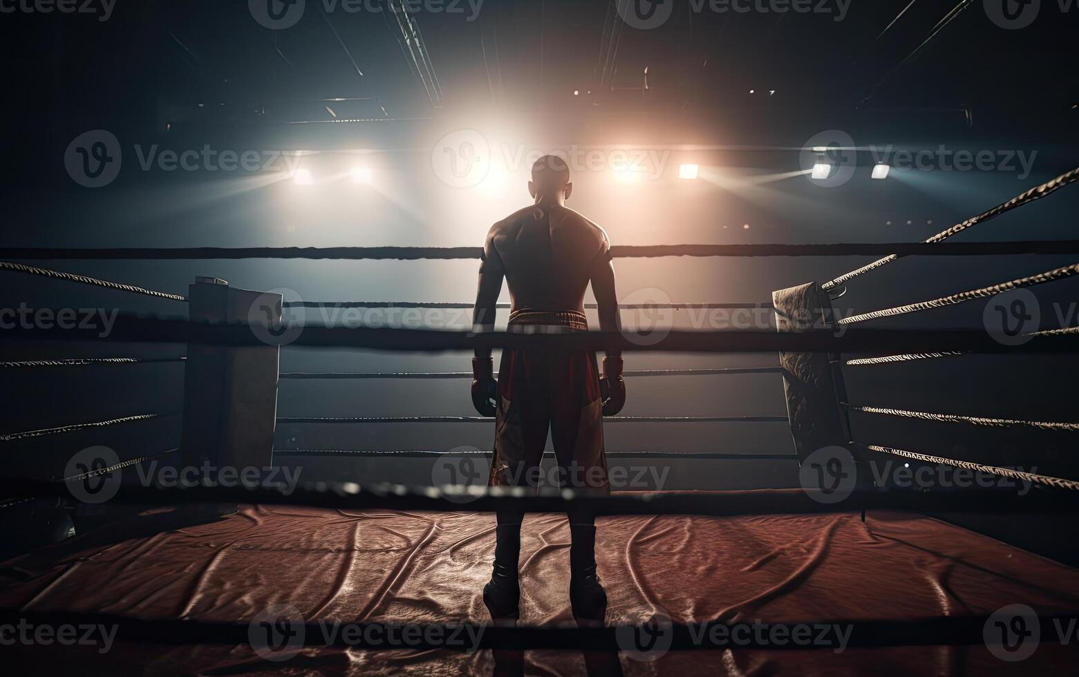 Boxing champion standing on arena. Rear view of shirtless man in boxing gloves. Muscular build concept. . photo