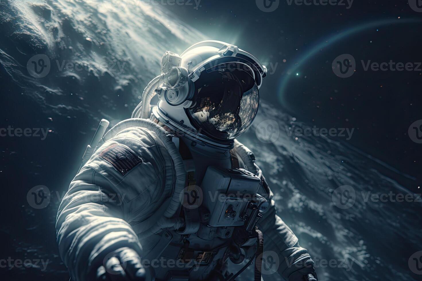 astronauta en un rock superficie con un espacio antecedentes. un astronauta en pie en el solitario planeta con él mirando adelante. generativo ai foto