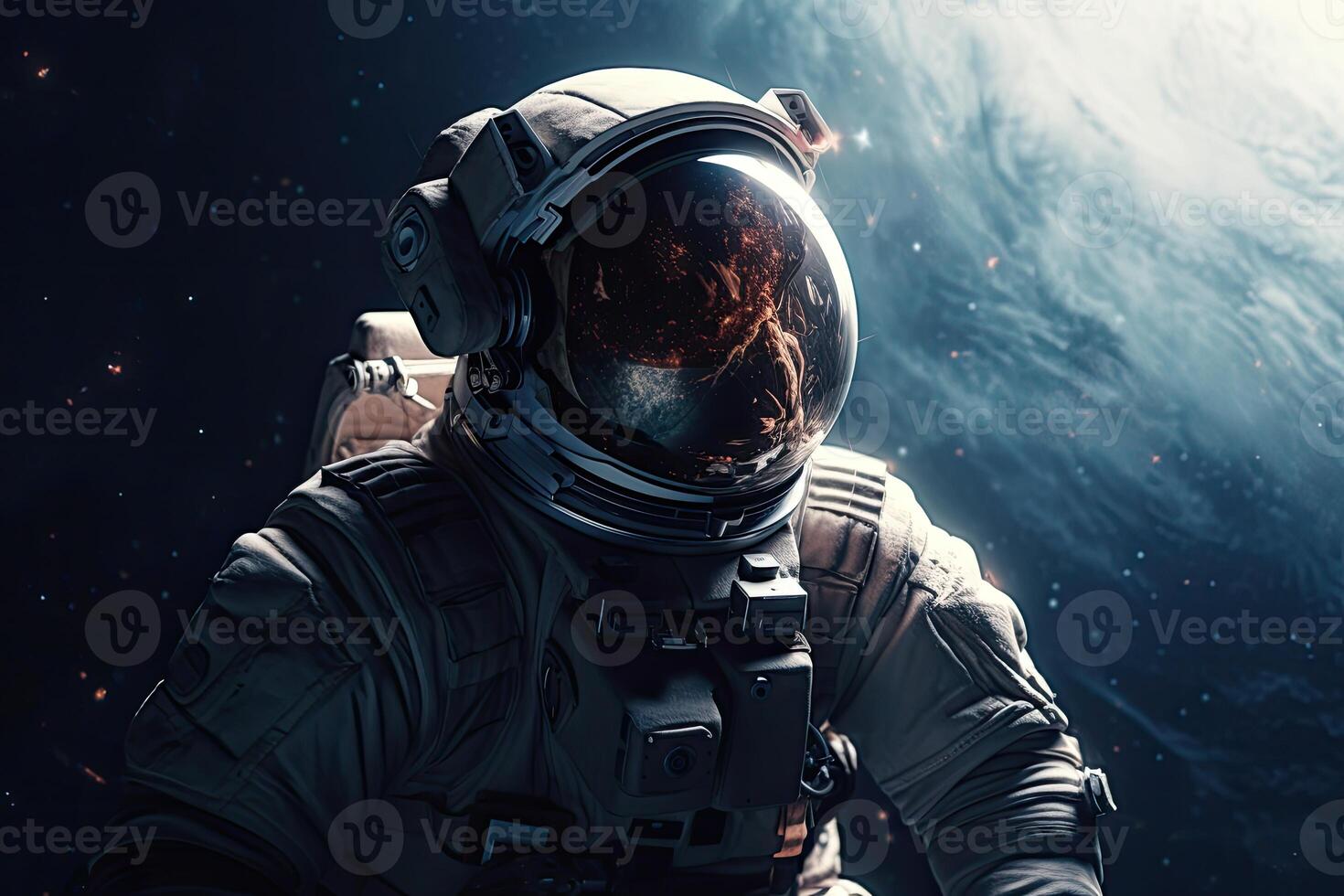 Astronaut on a rock surface with a space background. an astronaut standing on the lone planet with him looking forward. photo
