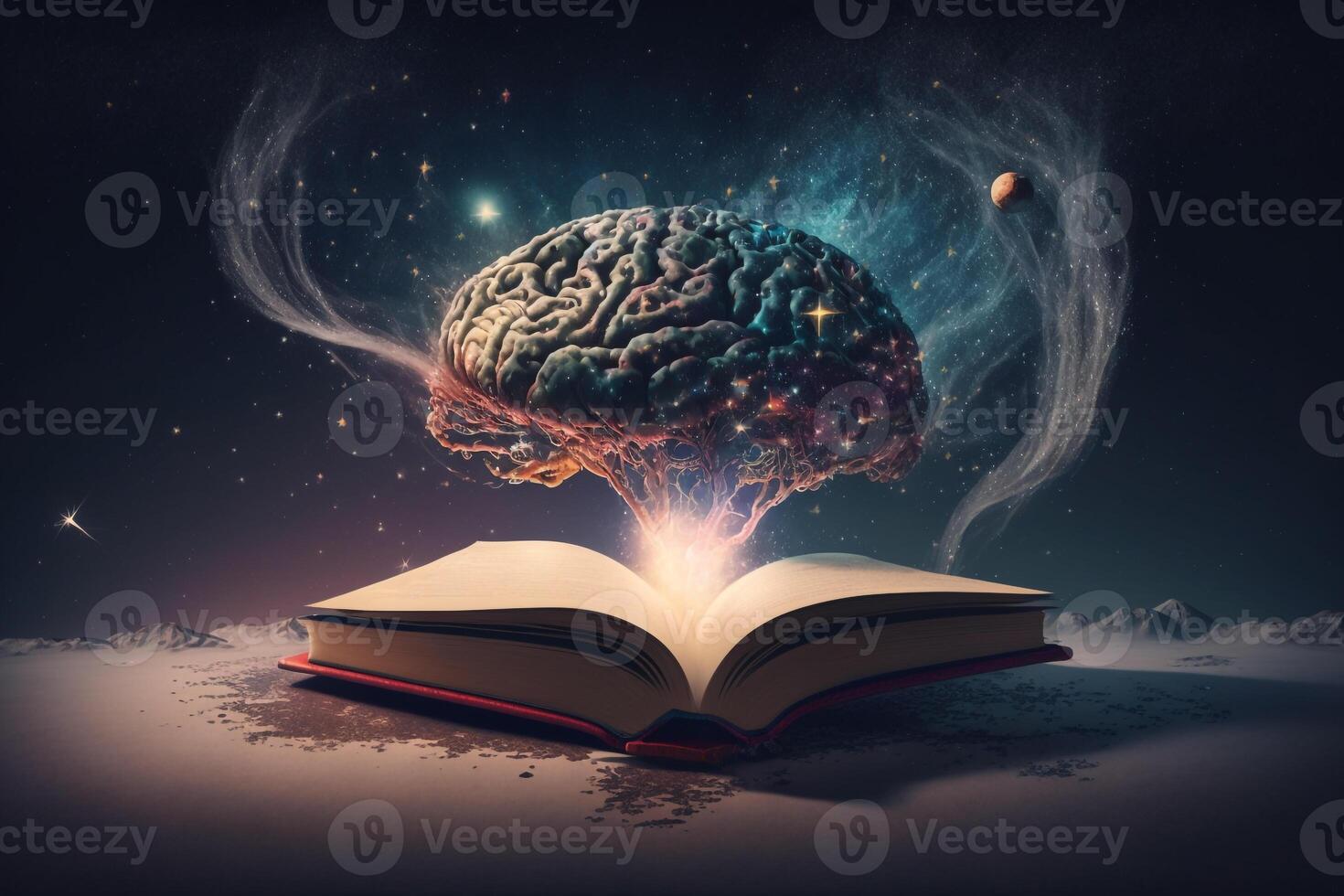 A surreal scene of a book floating in space with a brain-shaped planet in the background, surrounded by shooting stars and a galaxy. photo
