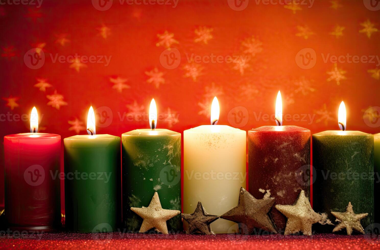 Burning candle and Christmas decoration over snow and wooden background. . photo
