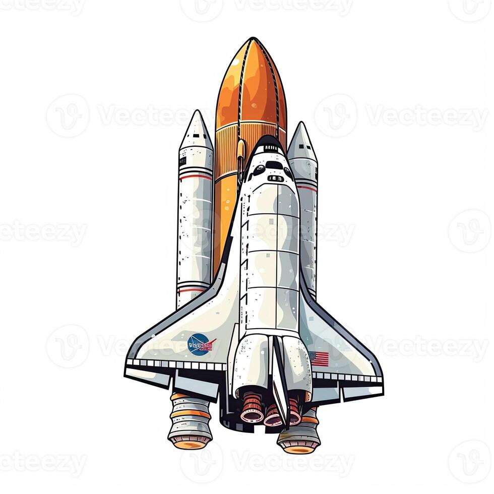 dibujos animados cohete espacio Embarcacion tomar apagado, aislado vector ilustración. astronave icono logo. generativo ai. foto