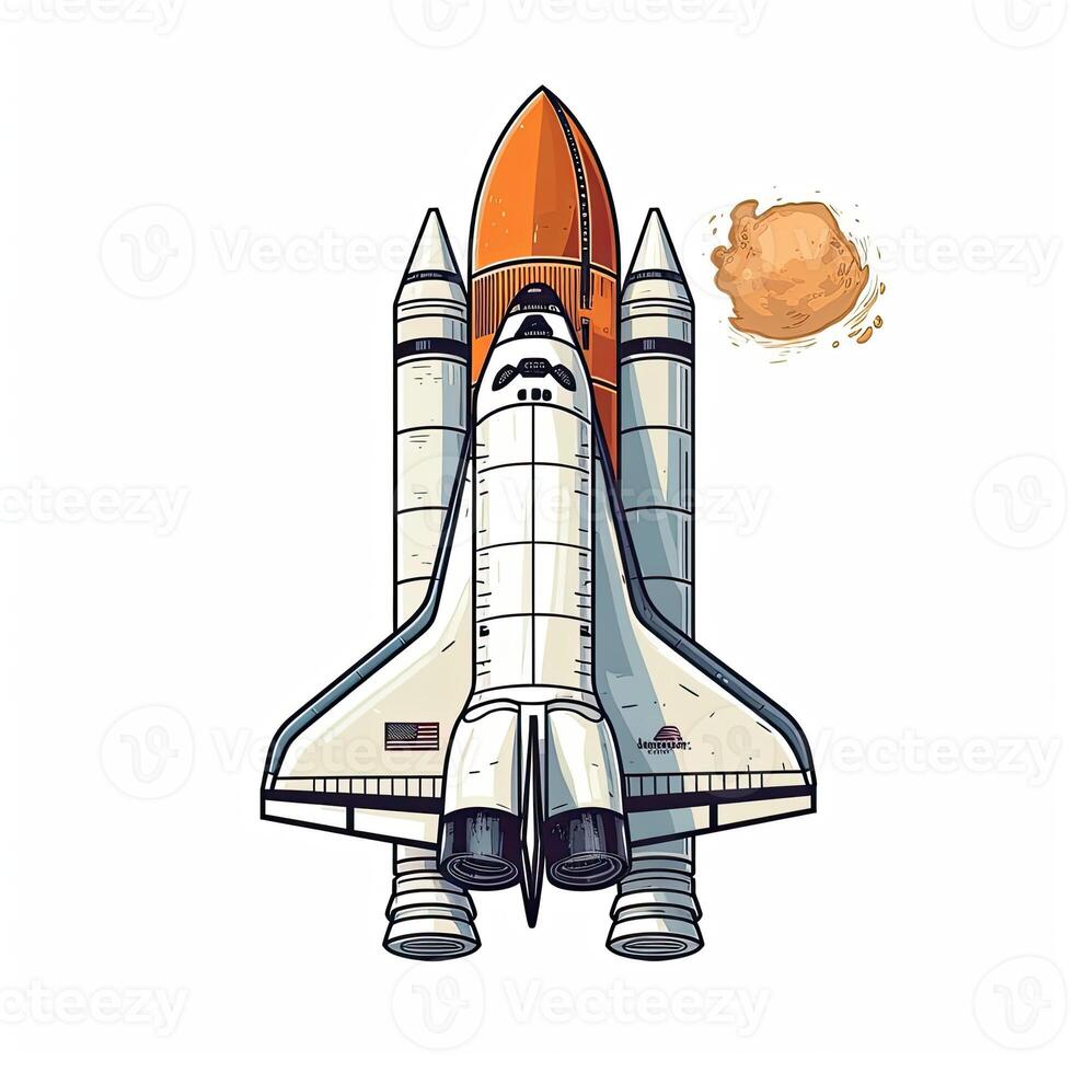 dibujos animados cohete espacio Embarcacion tomar apagado, aislado vector ilustración. astronave icono logo. generativo ai. foto