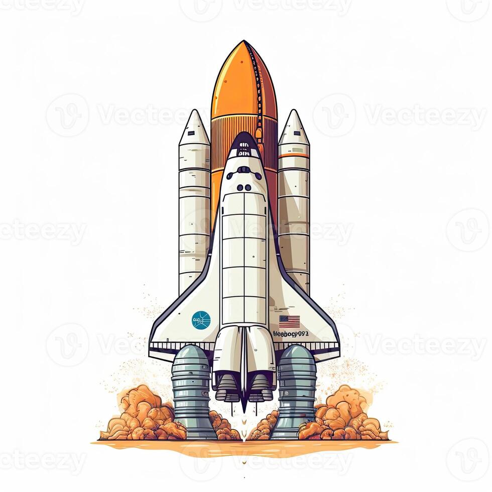 dibujos animados cohete espacio Embarcacion tomar apagado, aislado vector ilustración. astronave icono logo. generativo ai. foto