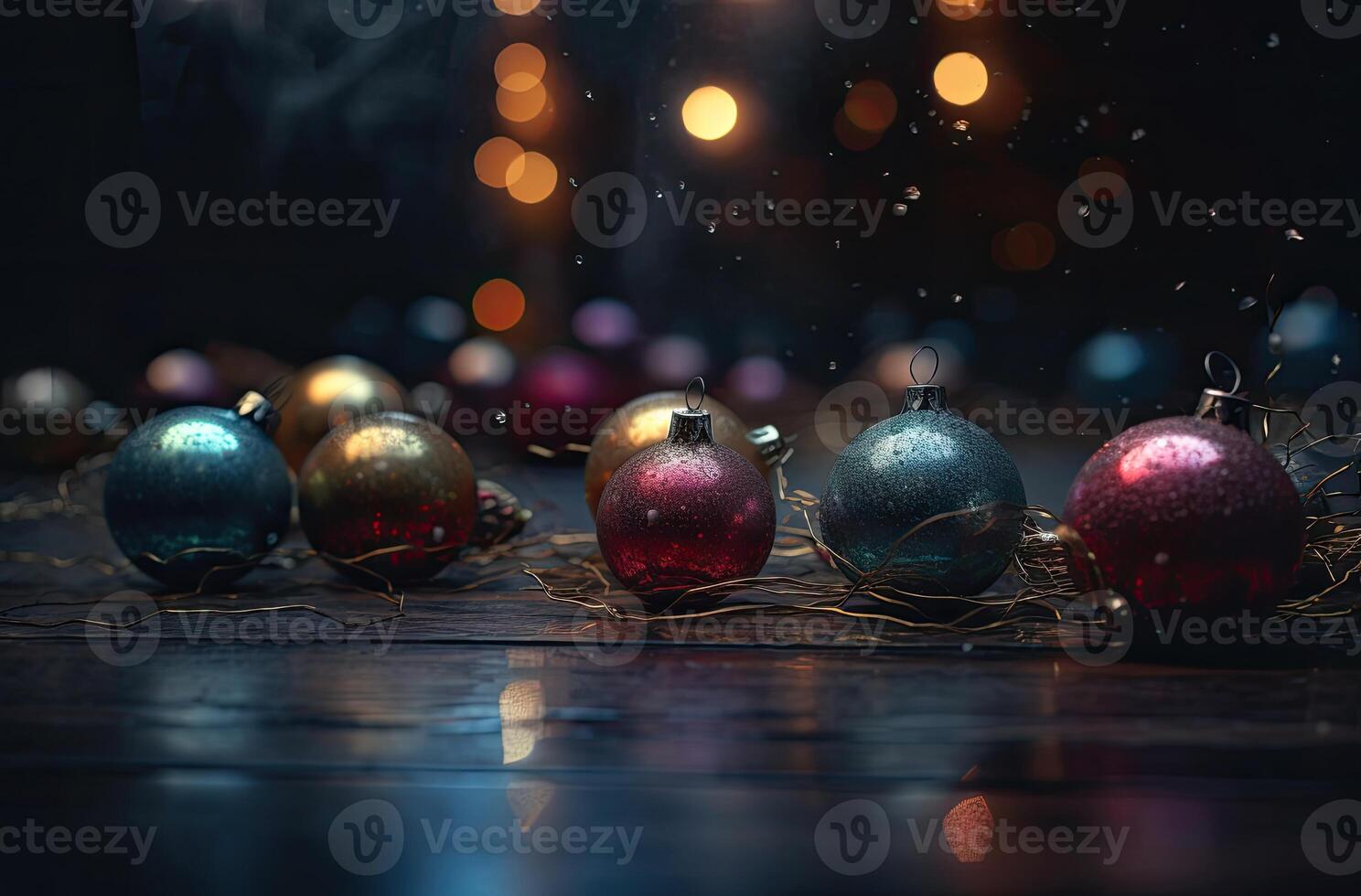 Close up view of beautiful with shiny gold bauble or ball, xmas ornaments and lights, christmas holidays background. . photo