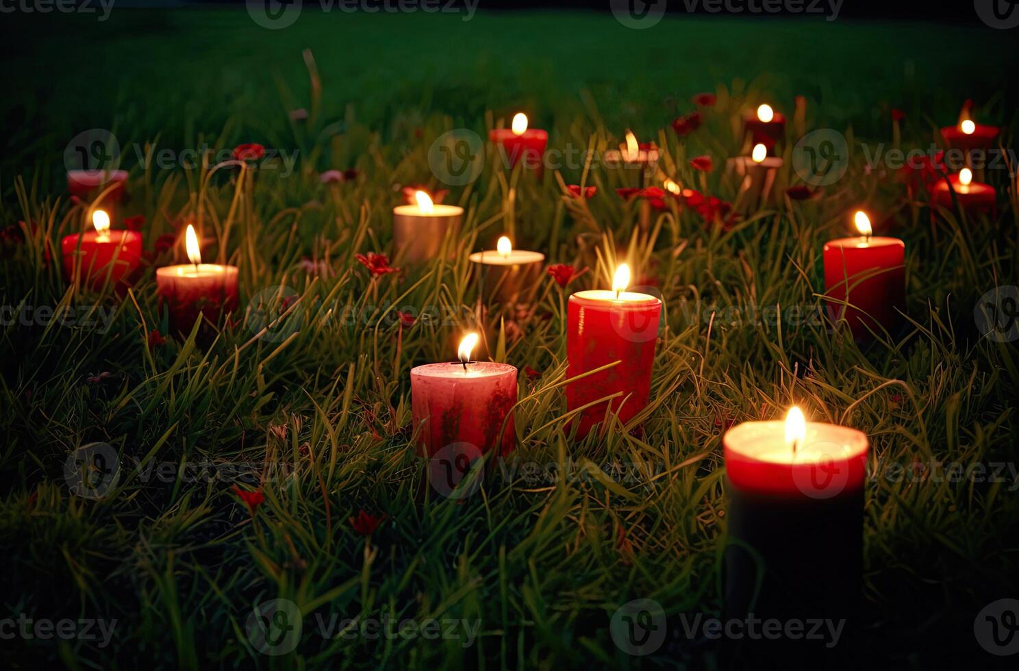 Advent candle, fir tree branches and holiday decorations in snow against light garland background. Christmas card. . photo