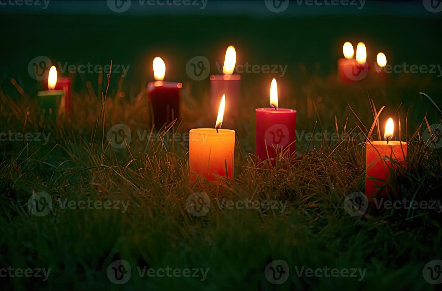 Advent candle, fir tree branches and holiday decorations in snow against light garland background. Christmas card. . photo