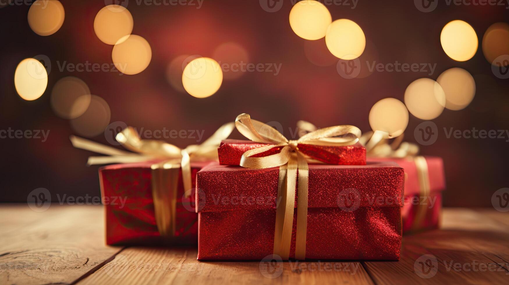 Christmas presents wrapped in red paper with gold ribbon on on wooden table background and bokeh. Place for typography and logo. Copy space. . photo