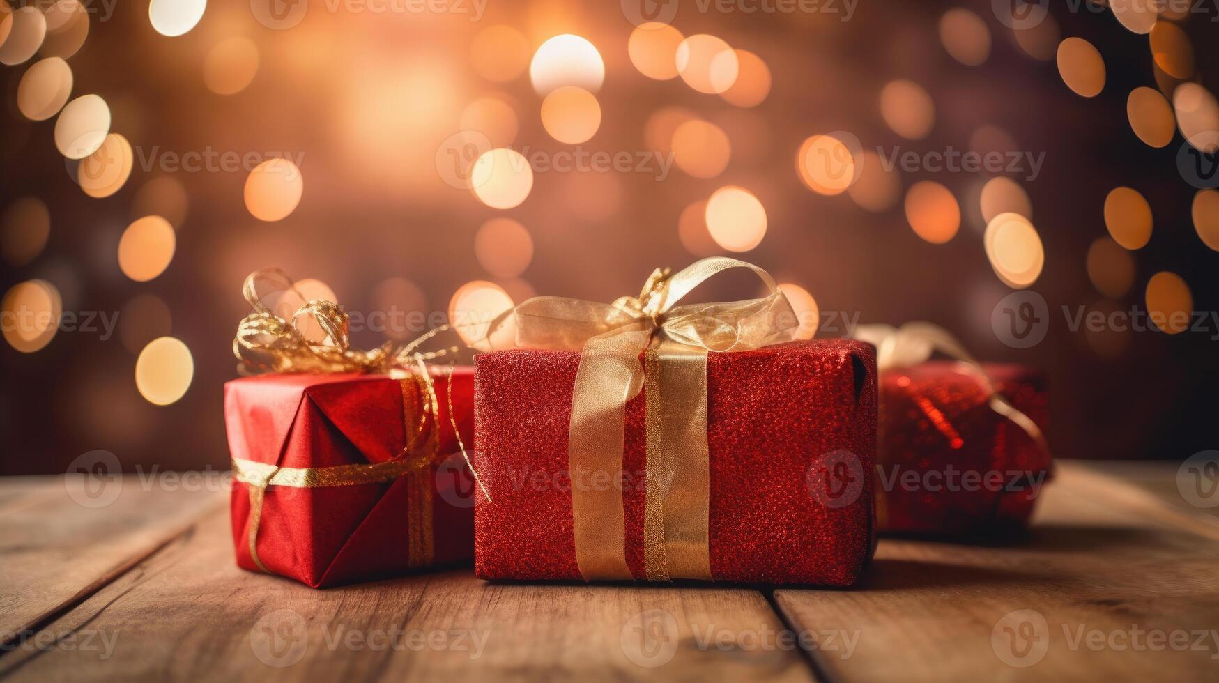 Christmas presents wrapped in red paper with gold ribbon on on wooden table background and bokeh. Place for typography and logo. Copy space. . photo