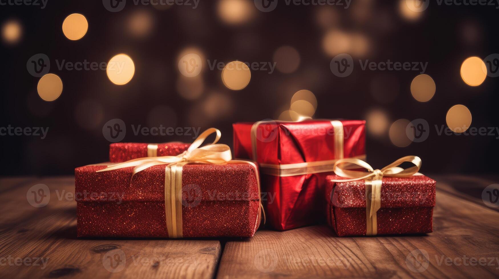 Christmas presents wrapped in red paper with gold ribbon on on wooden table background and bokeh. Place for typography and logo. Copy space. . photo