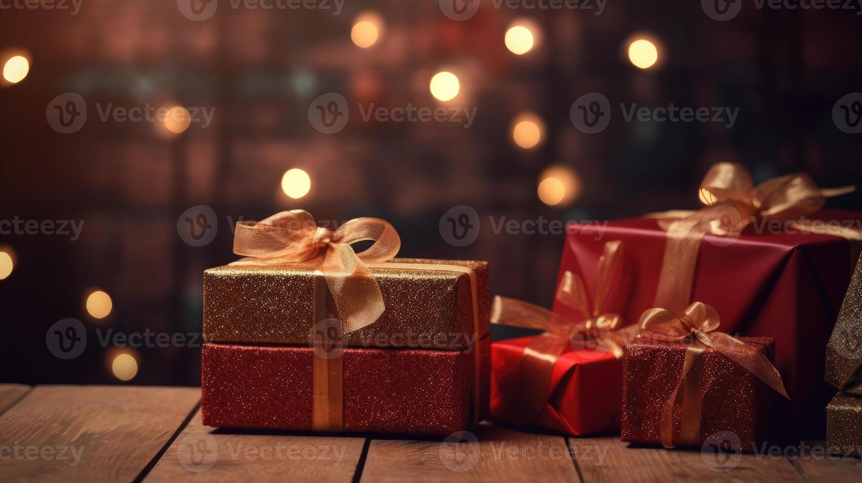 Christmas presents wrapped in red paper with gold ribbon on on wooden table background and bokeh. Place for typography and logo. Copy space. . photo