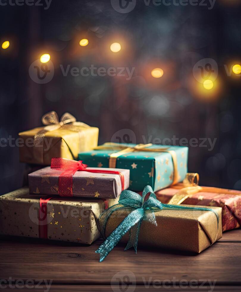 Christmas presents wrapped in colorful paper with ribbon on wooden table background and bokeh. Place for typography and logo. Copy space. . photo
