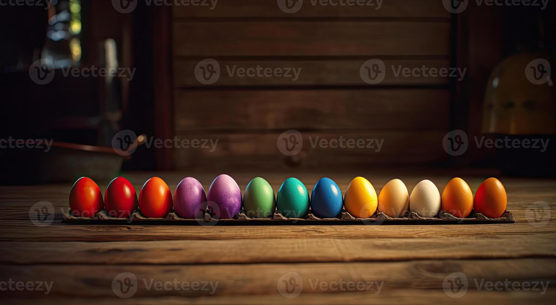 row of colorful easter eggs on wooden table and bokeh background, place for typography and logo. Rustic wooden table. Easter theme. . photo