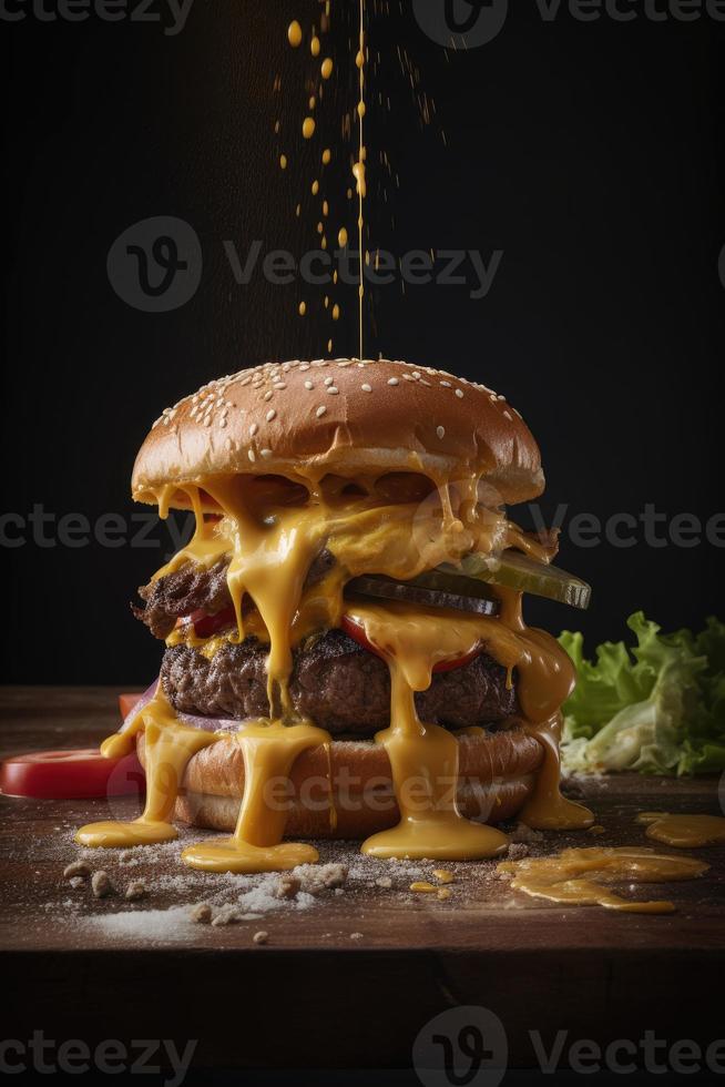 American food. Burger layers isolated. Separated burger layers. Hamburger explosion. Cheeseburger flying fillings isolated. Levitation of burger and cheese, meat, lettuce. Genrative AI photo