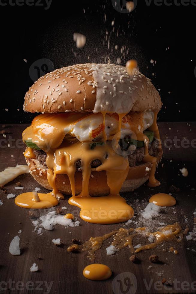 American food. Burger layers isolated. Separated burger layers. Hamburger explosion. Cheeseburger flying fillings isolated. Levitation of burger and cheese, meat, lettuce. Genrative AI photo