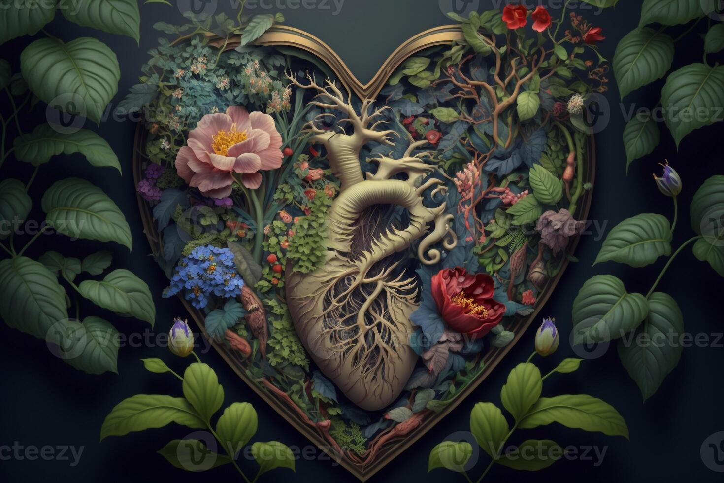 a heart that is surrounded by a garden of blooming flowers and vibrant plants, with vines and leaves that seem to grow out of the organ itself and evoke feelings of growth and renewal. photo