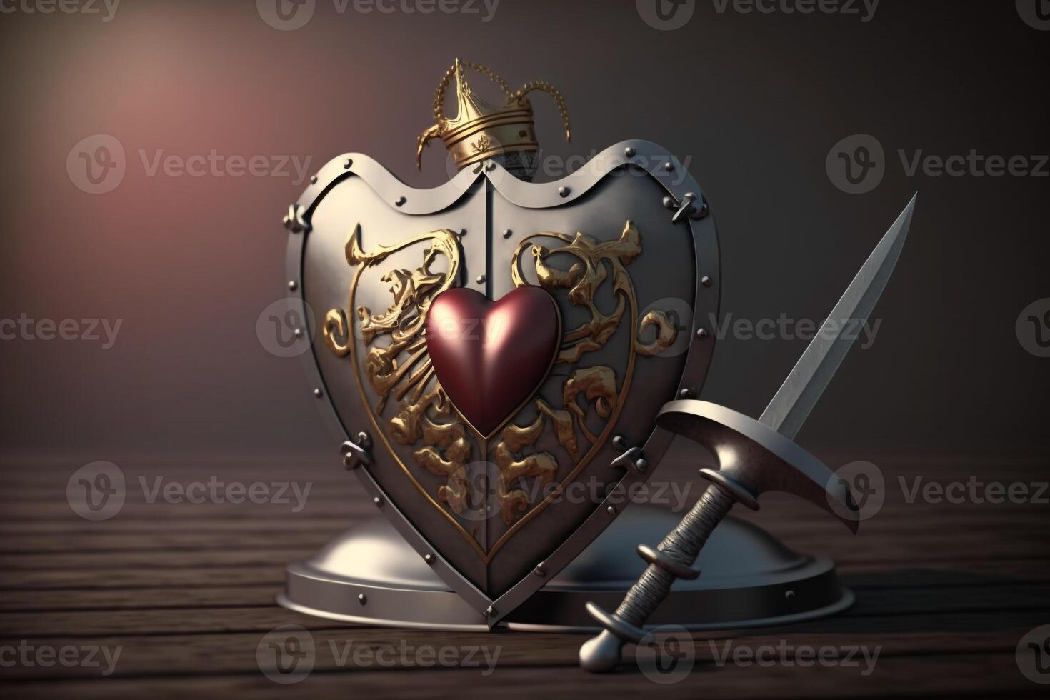 a heart that is being protected by shining armor, with a sword and shield to ward off any threats or dangers that might harm the heart's health. photo