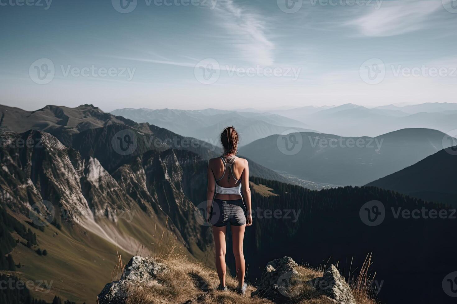 ver desde detrás aptitud niña en pie en parte superior de el montaña. mujer en ropa de deporte en pie en el montaña. generativo ai. foto