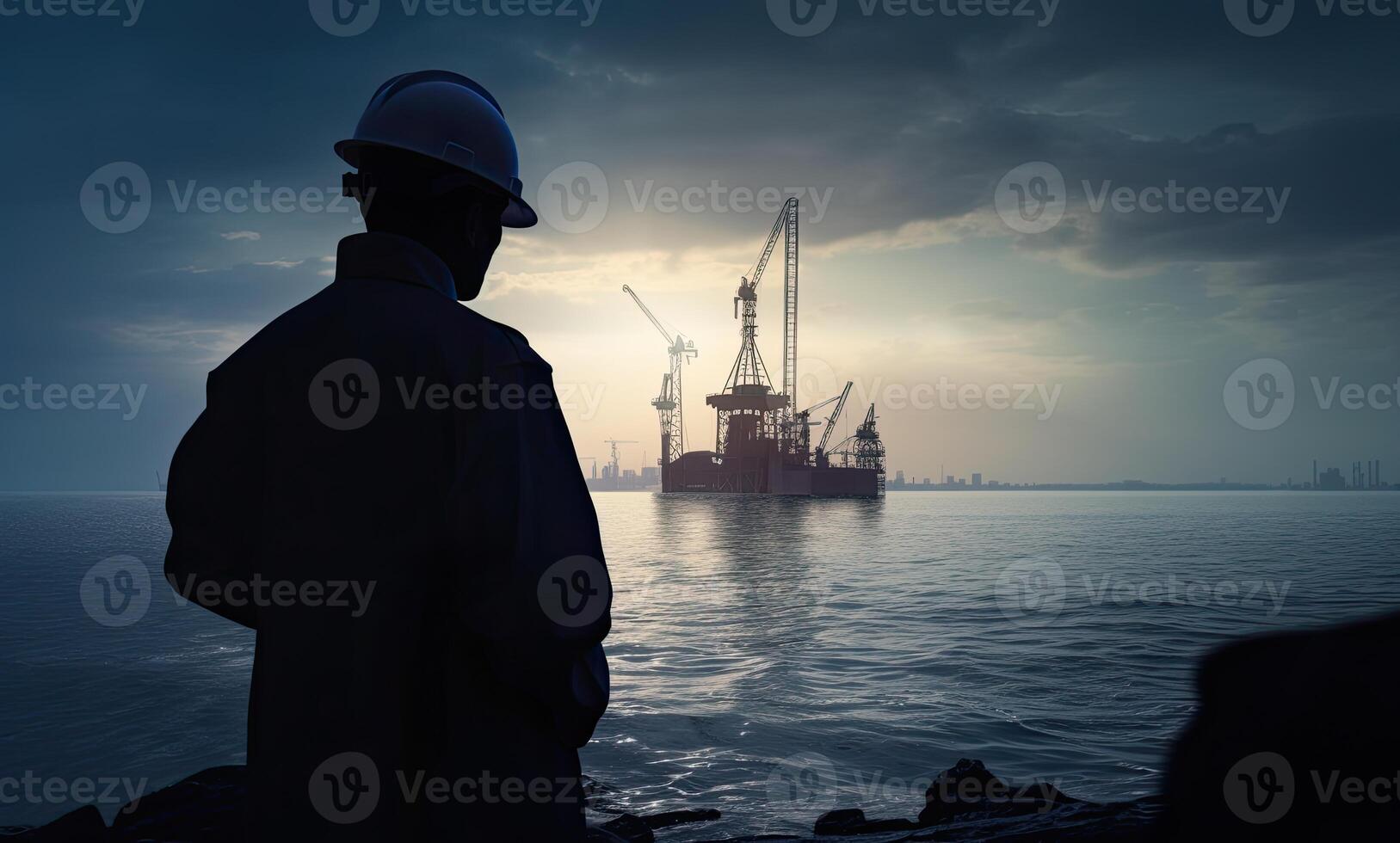 silhouette of engineer in safety hat standing in front of Offshore oil platform station, energy industry. . photo