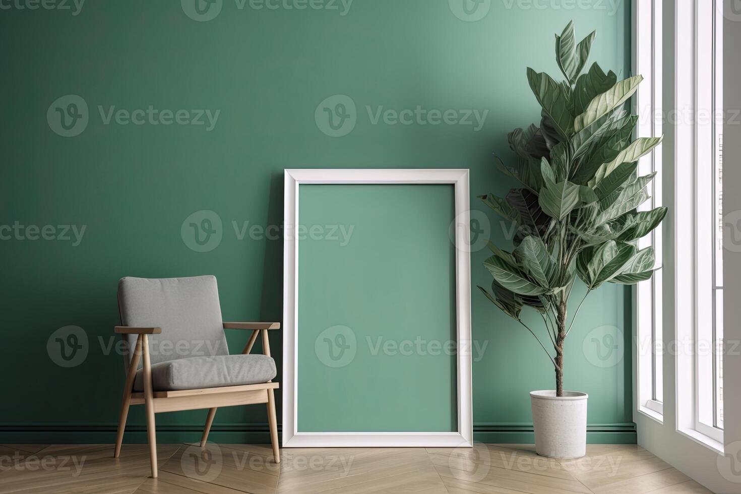 Modern home interior with design wooden commode, mock up poster map, feather in vase, accessories in stylish home decor Template. photo