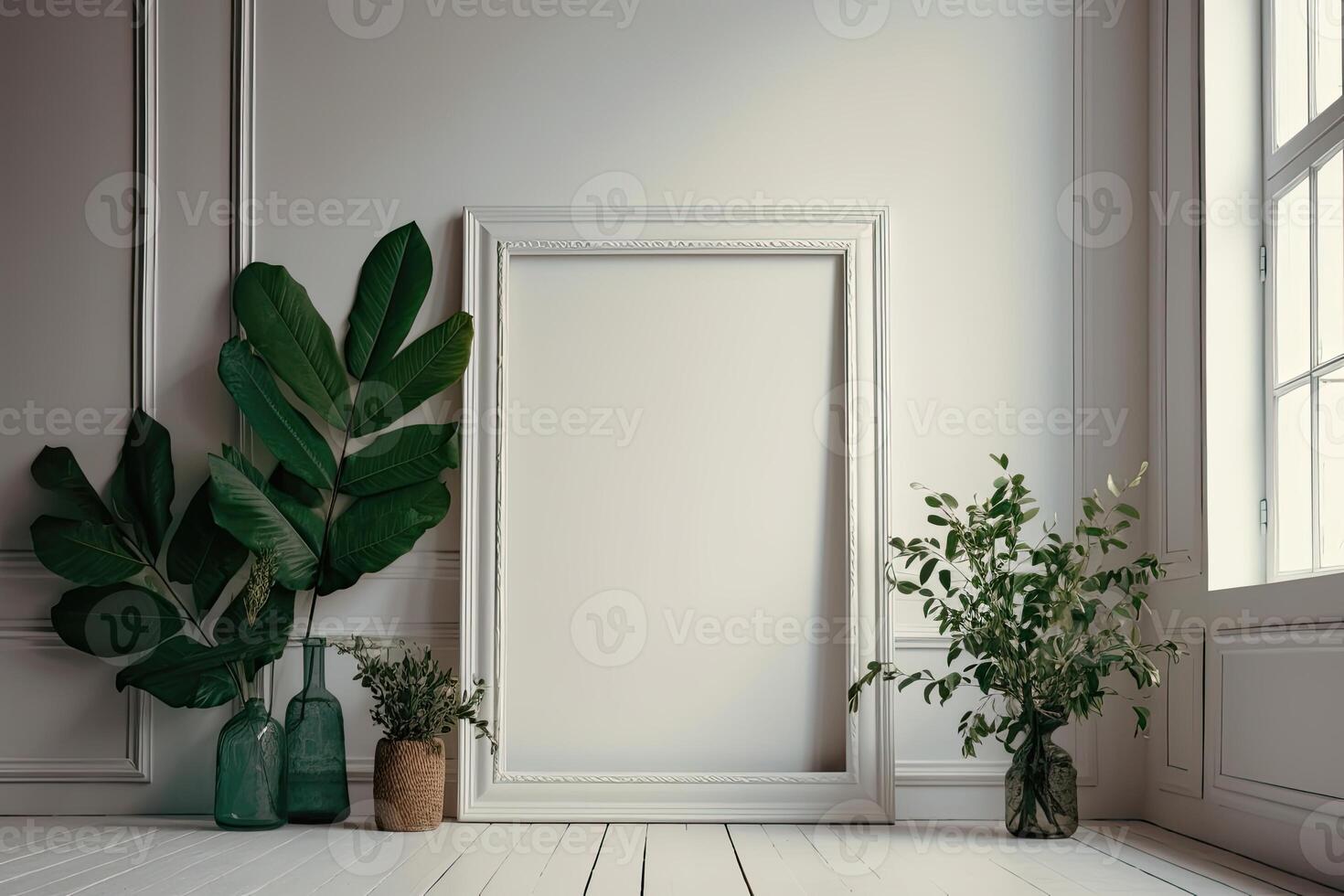Modern home interior with design wooden commode, mock up poster map, feather in vase, accessories in stylish home decor Template. photo