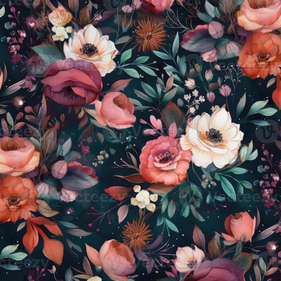 Seamless watercolor floral pattern - pink blush flowers elements, green leaves branches for wrappers, postcards, greeting cards, wedding invites, romantic events. . photo