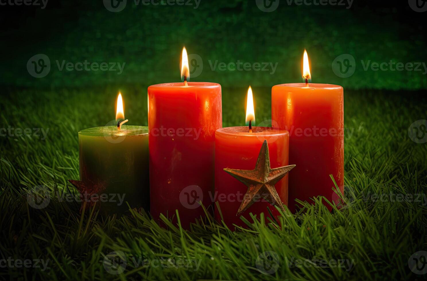 Advent candle, fir tree branches and holiday decorations in snow against light garland background. Christmas card. . photo