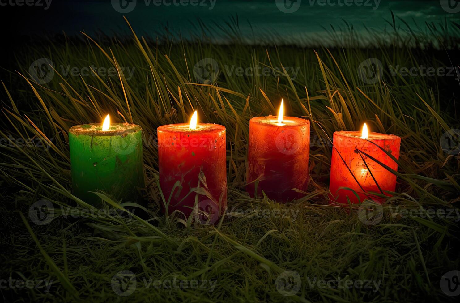 Advent candle, fir tree branches and holiday decorations in snow against light garland background. Christmas card. . photo