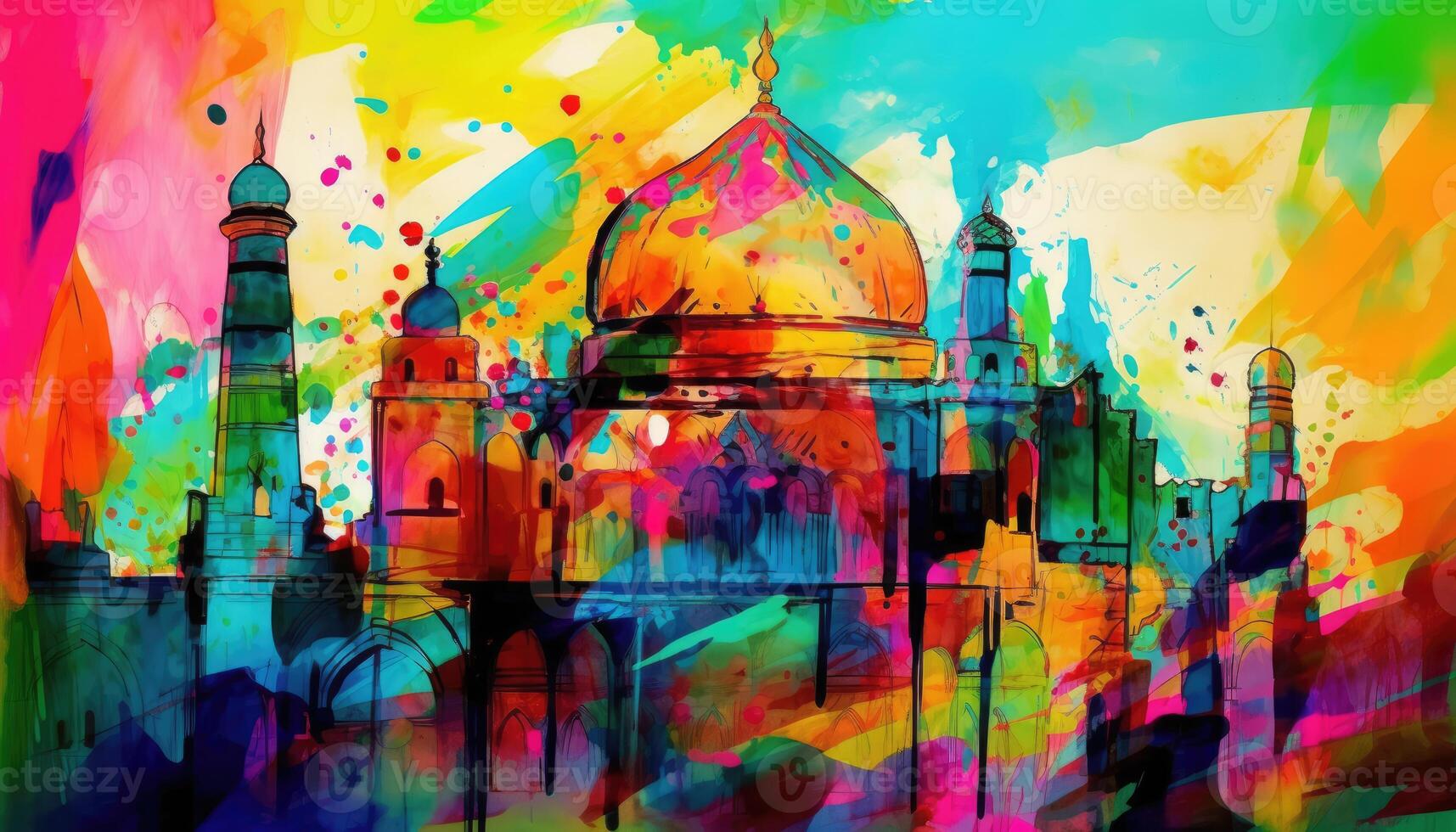 water color painting Arabic Islamic Typography design Mawlid al-Nabawai al-Sharif greeting card with dome and minaret of the Prophet's Mosque. photo