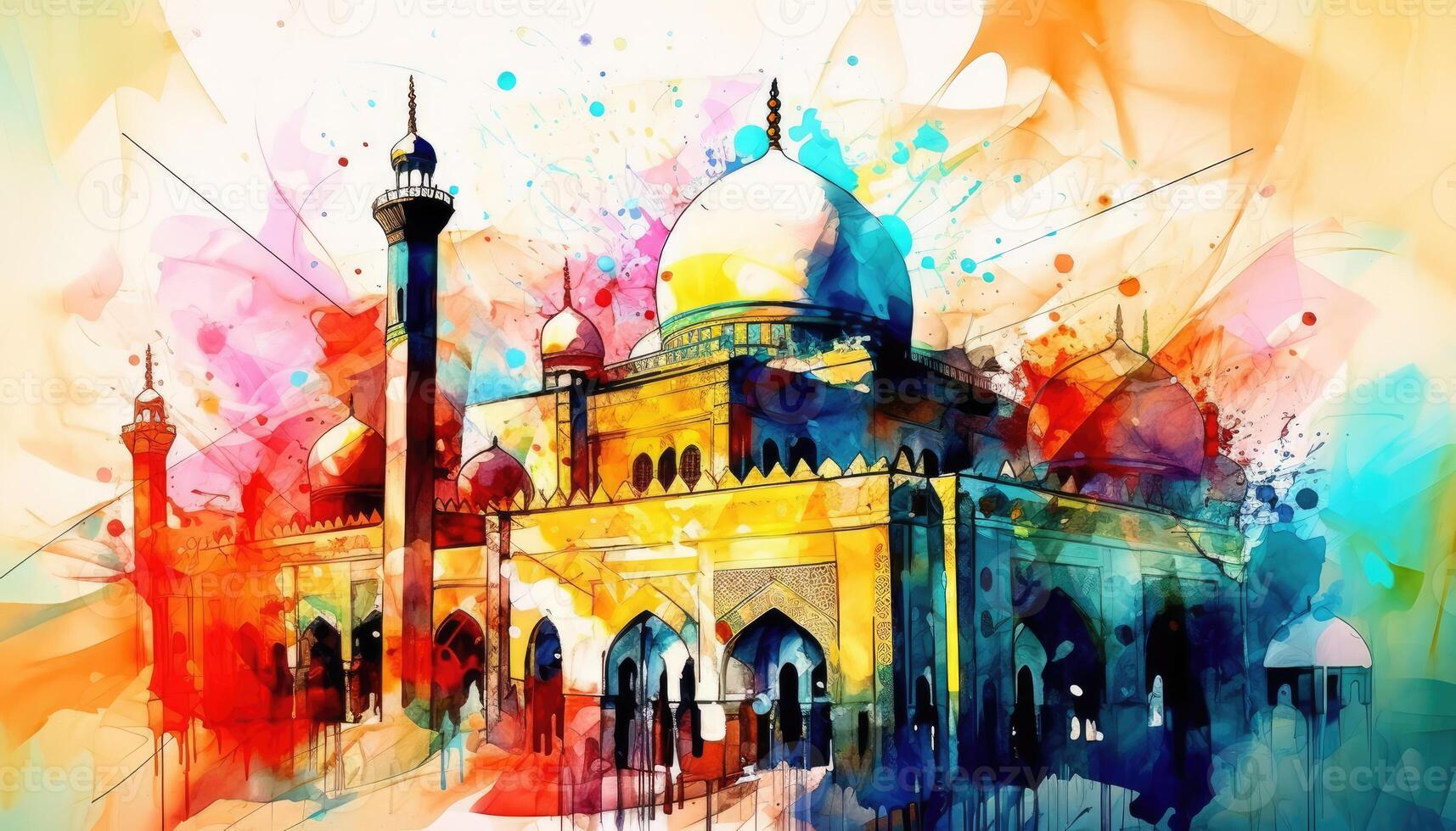 water color painting Arabic Islamic Typography design Mawlid al-Nabawai al-Sharif greeting card with dome and minaret of the Prophet's Mosque. photo