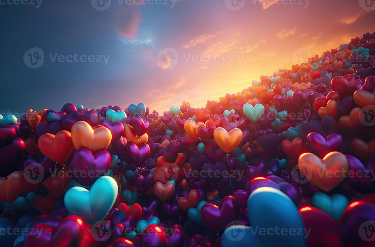 Colorful heart shape balloon with blue sky. Valentine's day background with heart shaped balloons. . photo
