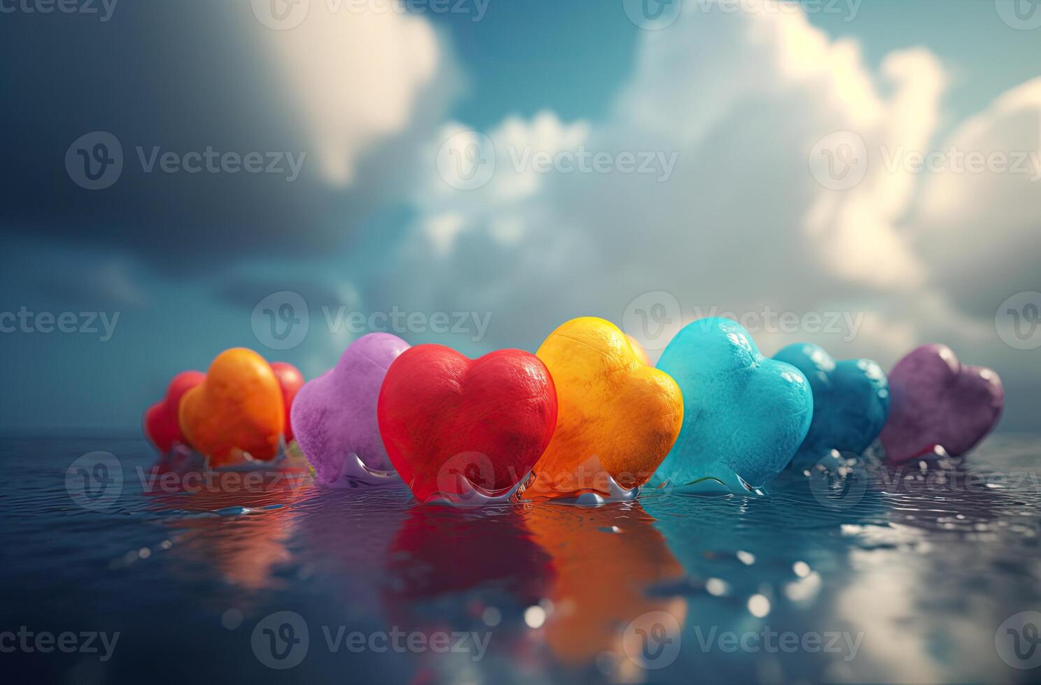 Colorful heart shape balloon with blue sky. Valentine's day background with heart shaped balloons. . photo