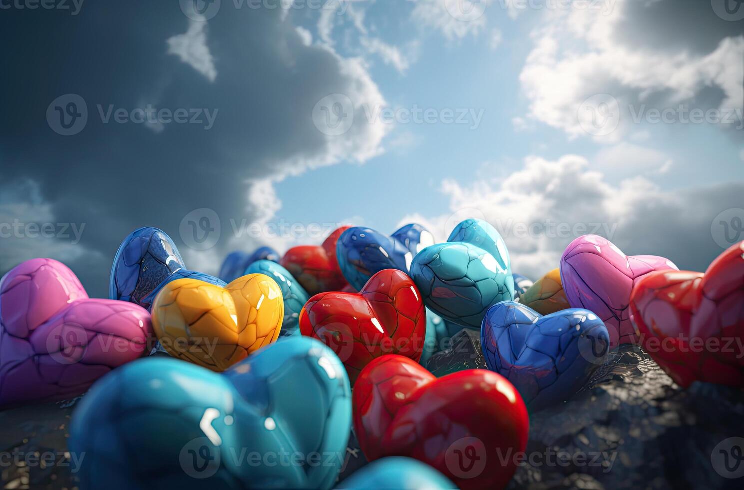 Colorful heart shape balloon with blue sky. Valentine's day background with heart shaped balloons. . photo