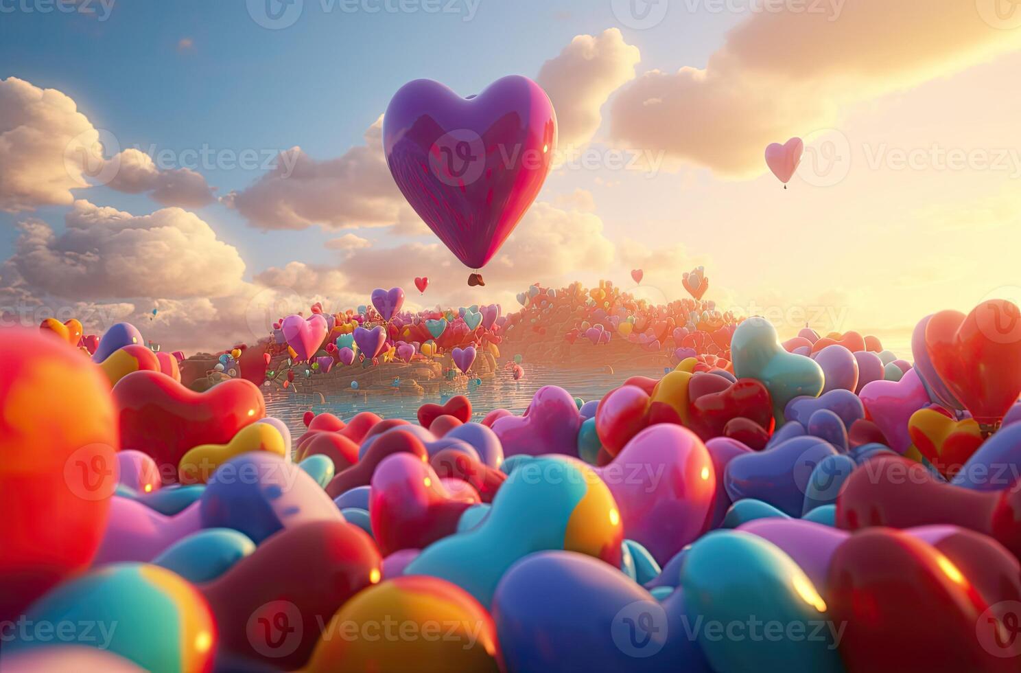 vistoso corazón forma globo con azul cielo. San Valentín día antecedentes con corazón conformado globos generativo ai. foto