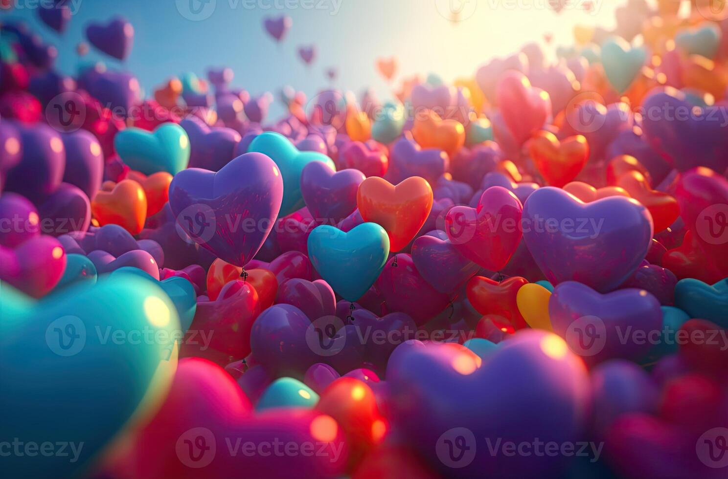 Colorful heart shape balloon with blue sky. Valentine's day background with heart shaped balloons. . photo