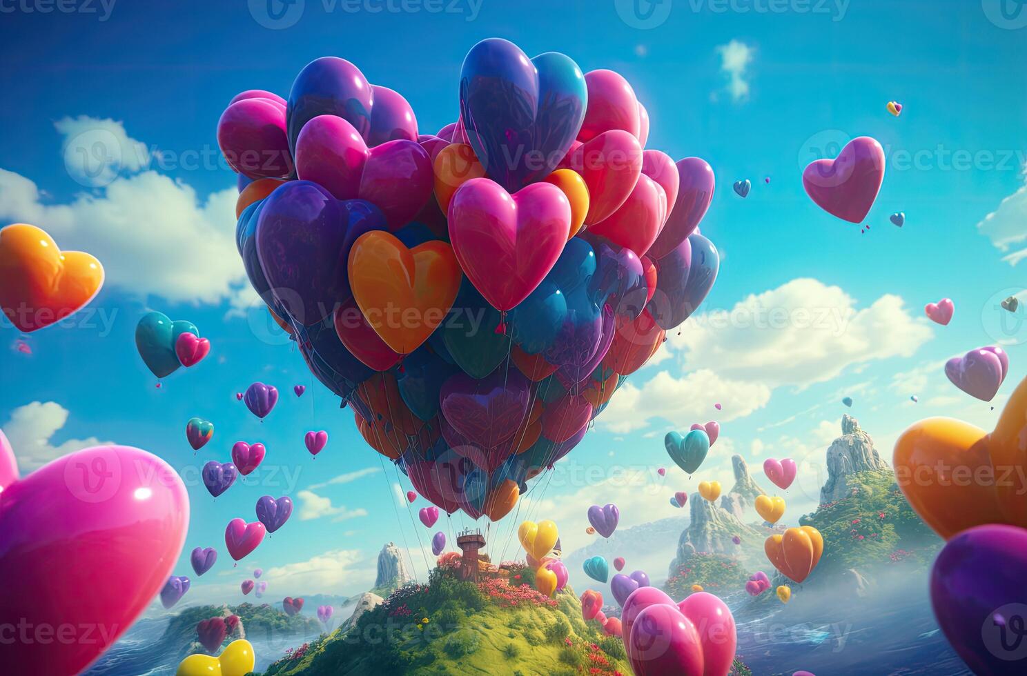 Colorful heart shape balloon with blue sky. Valentine's day background with heart shaped balloons. . photo