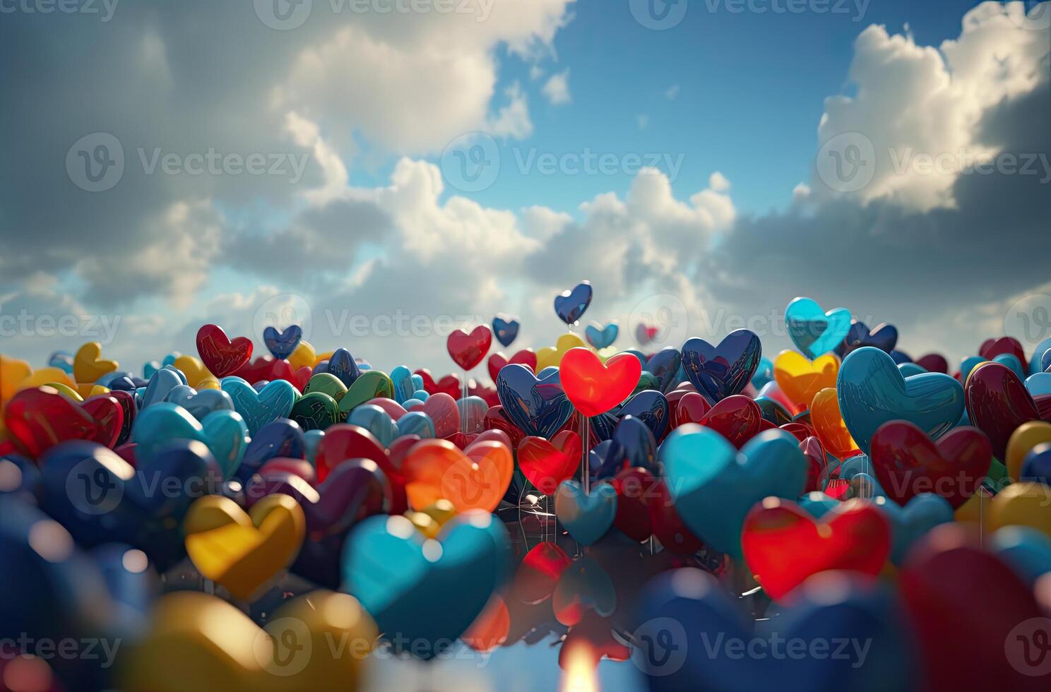 Colorful heart shape balloon with blue sky. Valentine's day background with heart shaped balloons. . photo
