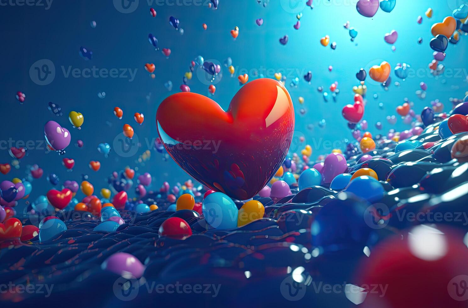 Colorful heart shape balloon with blue sky. Valentine's day background with heart shaped balloons. . photo
