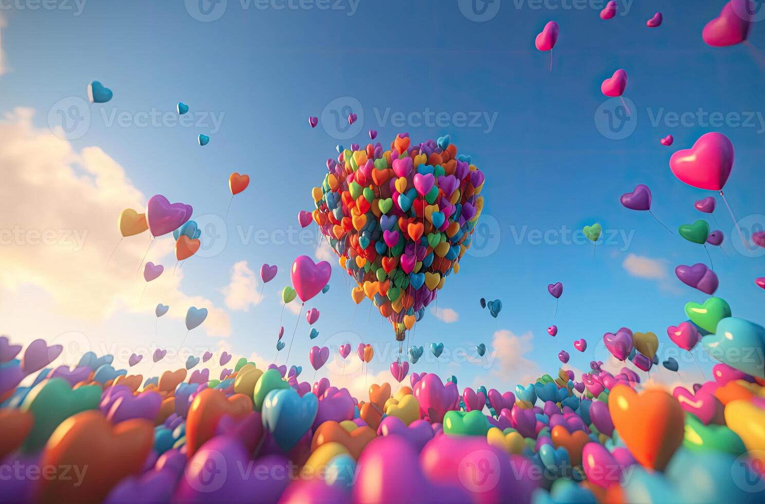Colorful heart shape balloon with blue sky. Valentine's day background with heart shaped balloons. . photo